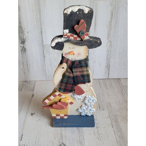 Vintage birdhouse snowman snowflake wooden heart Xmas figure scarf - Picture 1 of 9